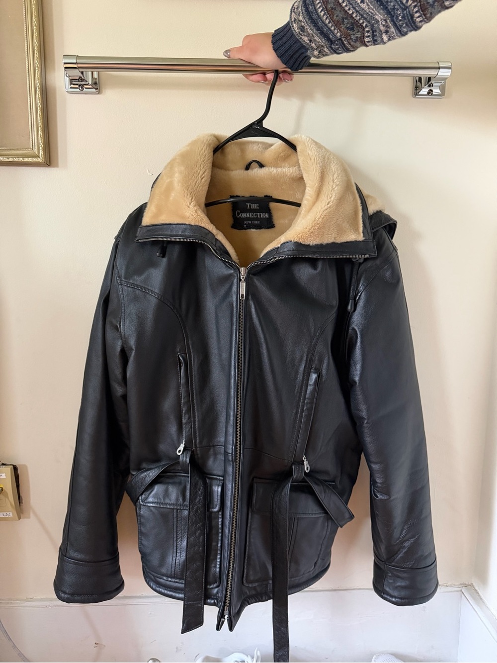 French Connection Black Faux Leather Jacket with Cream Shearling Collar